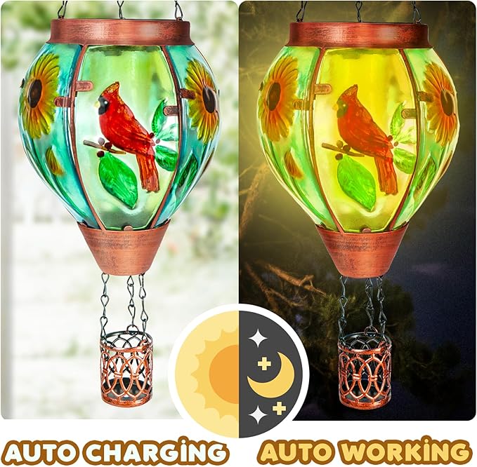 Solar Hot Air Balloon Lantern with Flame， Cardinal Glass Solar Hanging Lights Outdoor Yard Patio Farmhouse Decoration, Cardinal Gifts for Women Grandma Mom - Cardinal
