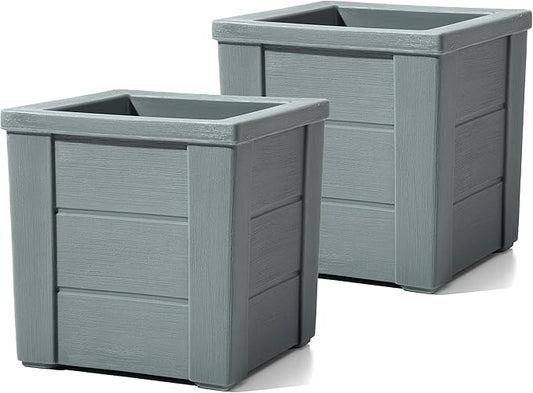 Step2 Lakewood Square Planter, Large Planters for Outdoor Plants, Gardening and Flower Pot for Patio or Porch, Efficient Drainage, Durable Plastic, Sage Gray, 2-Pack
