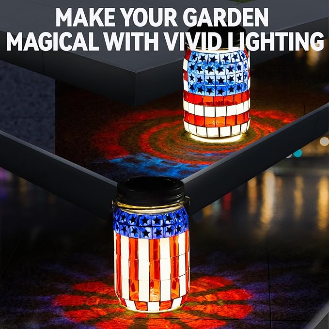 VOREEN 2 Pack Mosaic Solar Lanterns, Outdoor Glass Hanging Lights, Solar Table Lamps, Waterproof, American Flag Jar Lights Gifts, Patriotic Theme Decoration for Garden, Patio, Yard, Easter Gifts