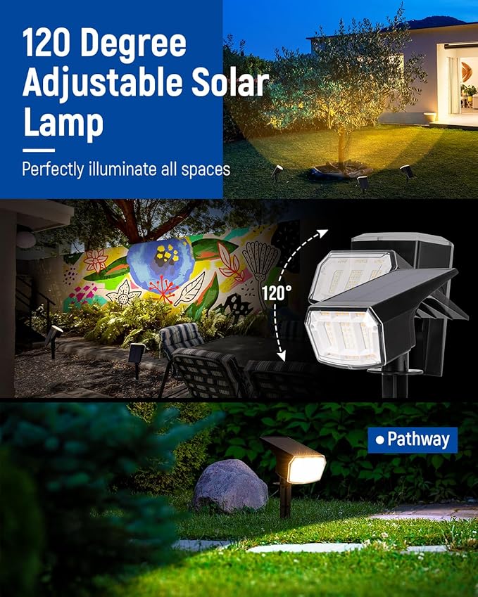 Solar spotlights Outdoor 63 LED 3 Lighting Modes, IP65 Waterproof Lighten Yard Garden House Garage Pathway for Christmas Decorations-6 Pack