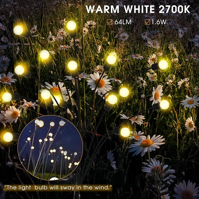 Solar Powered Firefly Lights Outdoor Waterproof 2-Pack, Swaying as Wind Blows, 8 LED Bulbs, Solar Garden Lights, Warm White, Outdoor Decorative Lights for Pathway Yard Patio Decorations