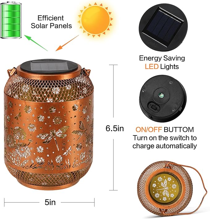 2 Pack Solar Lanterns Outdoor Waterproof Dragonfly Garden Decor Birthday Gifts for Women Mom Grandma Hanging Solar Lights Metal Decoration Outside for Yard, Patio, Backyard, Porch,Pathway