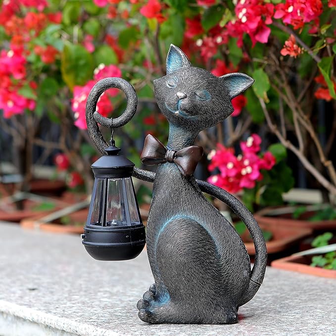 Whimsical Solar Cat Statue with Solar Lantern - Unique Outdoor Garden Decor for Patio, Balcony, and Yard Lights - Ideal Valentines Day Birthday Gifts for Mom, Grandma, Women, Men, and Cat Lovers