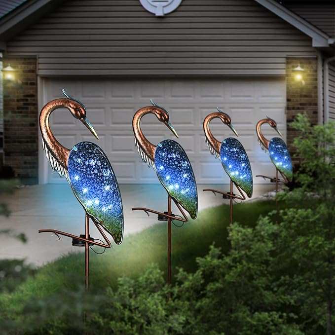 TERESA'S COLLECTIONS Blue Heron Outdoor Solar Lights for Garde Decor, Metal Yard Decorations Outdoor Decorative Garden Stake for Outside, Yard Art Pathway Lights for Patio Decor 39.3",Gifts for Mom