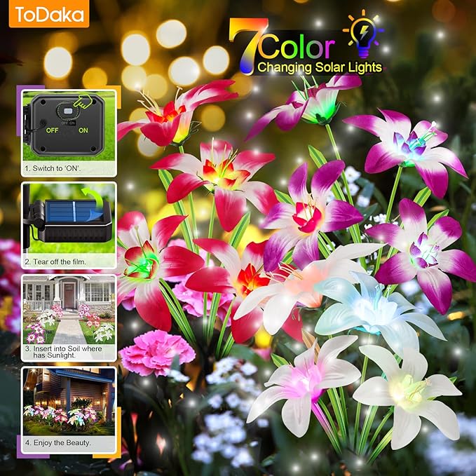 Solar Lights Outdoor Waterproof, 4 Pack Upgraded Garden Lights Solar Powered with 16 Double Layer Lily Flowers, Colorful Outdoor Solar Lights for Outside Yard Patio Garden Decor