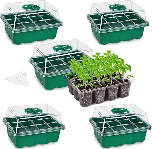 Bonviee 5-Pack Seed Starter Trays, Seed Starter Kit with Adjustable Humidity Dome and Base Indoor Greenhouse Mini Propagator for Seeds Growing Starting (12 Cells Per Tray, Green)