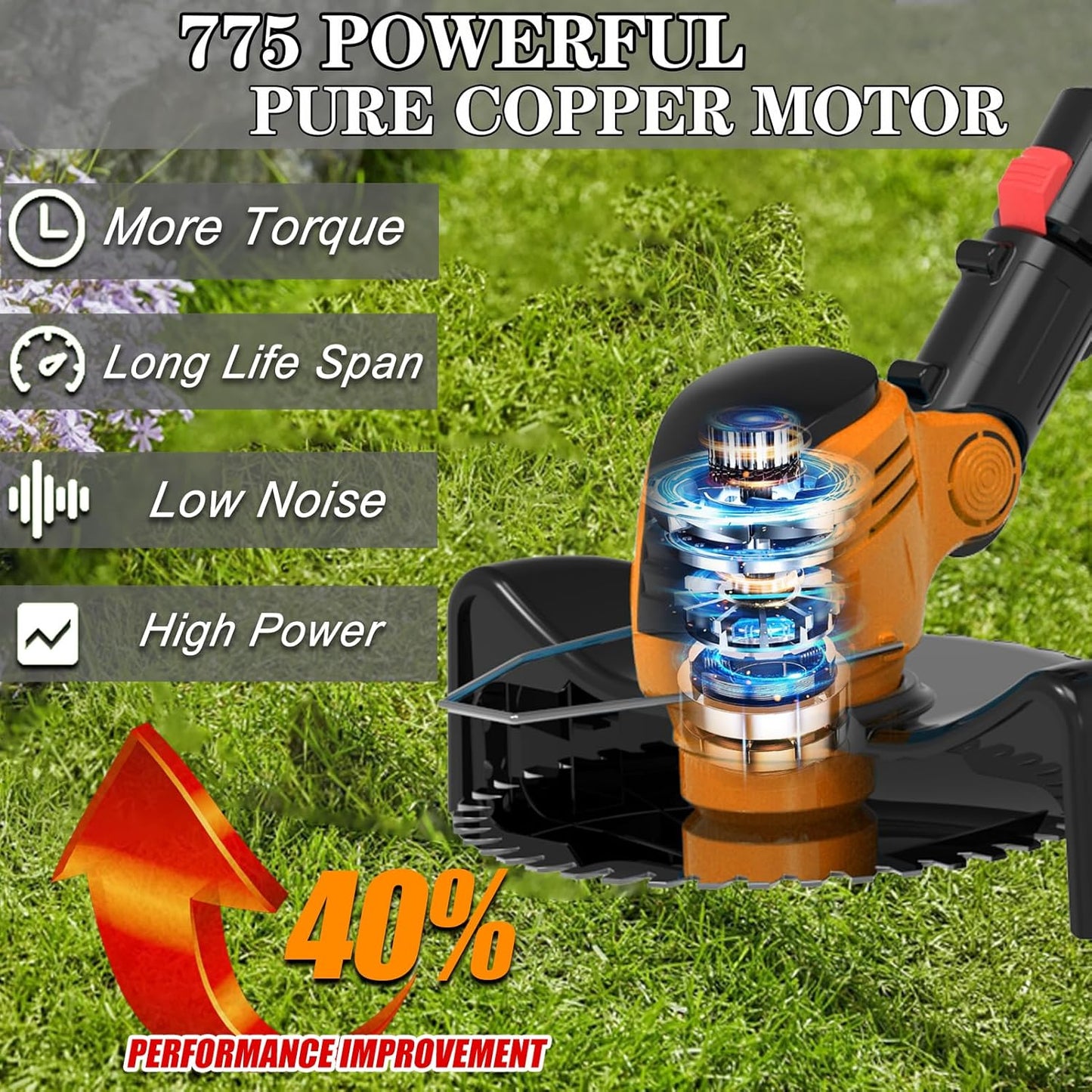 Electric Weed Wacker Cordless Eater Battery Powered Eater Lightweight Edger Portable Stringless Grass Trimmer/Lawn Mower/Brush Cutter, with 3 Types Blades & Wheels for Yard and Garden-Orange