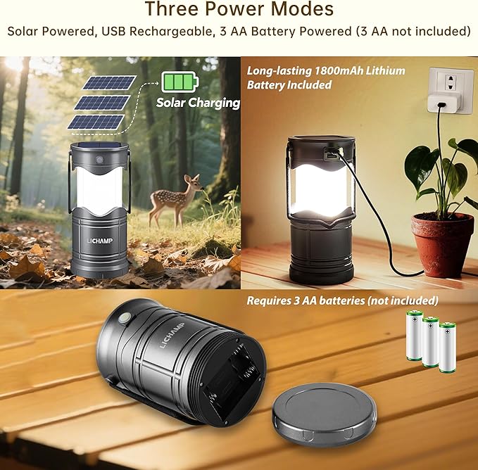 Lichamp 1-Pack Solar Camping Lantern, USB Rechargeable LED Lanterns Battery Powered Pop Up Flashlight Lamps with Three Modes Power for Power Outages Hurricane Supplies Emergency Indoor & Outdoor