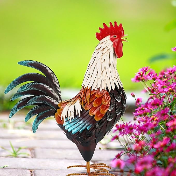 chisheen Metal Rooster Decor,Yard Chicken Decorations,Outdoor Garden Statues, Metal Chicken Sculpture for Backyard Patio Kitchen Decor & Lawn Ornaments