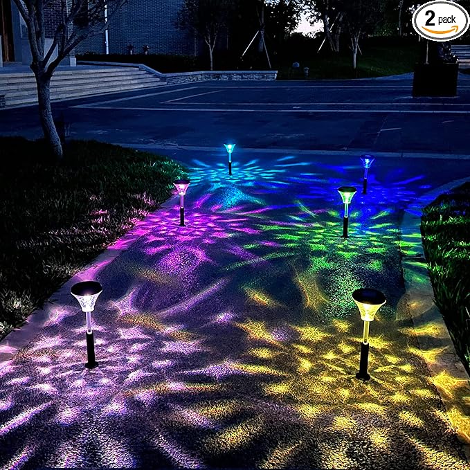 Bright Solar Pathway Lights, 2Pack Warm White/Color Changing Solar Garden Lights, IP67 Waterproof Solar Path Lights, Auto On/Off Solar Outdoor Lights for Walkway Lawn Landscape Decorative