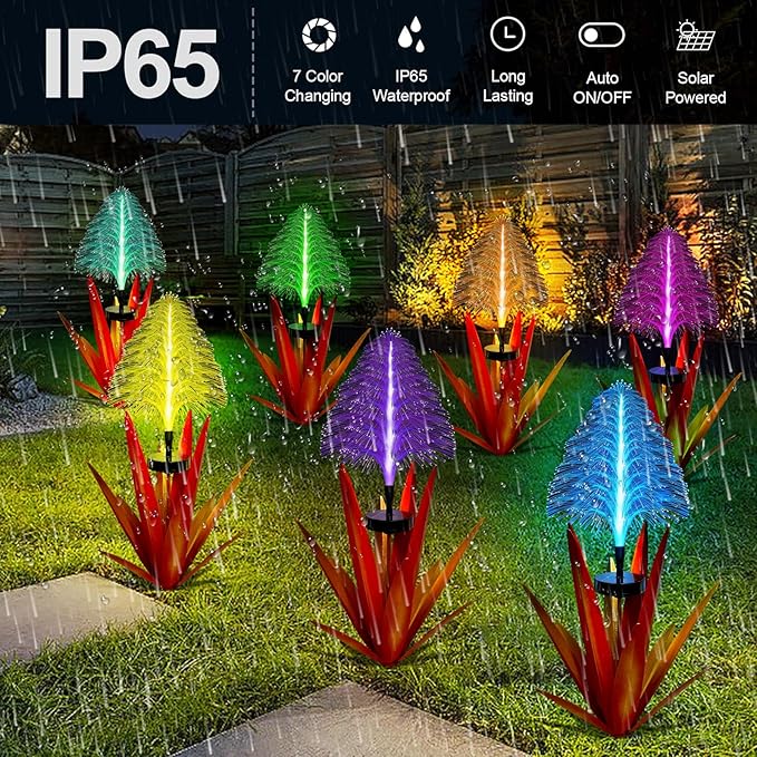 Metal Outdoor Decoration Gift Metal Agave Plants Outdoor Decor, Metal Agave Yard Art Garden Lights Solar Outdoor, 7 Color Changing Garden Yard Pathway Xmas Decor Waterproof & Solar Powerer (1pcs red)