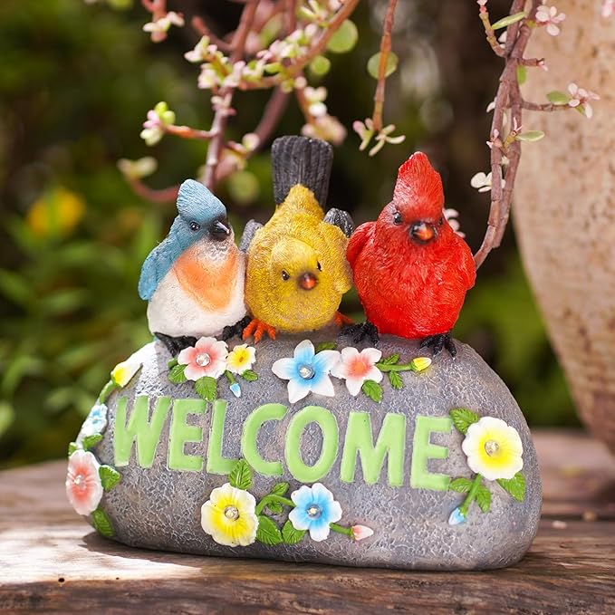 Solar Birds Welcome Sign - Outdoor Bird Decor with Solar LED Lights - Elegant and Charming Figurines for Women, Moms & Garden Enthusiasts