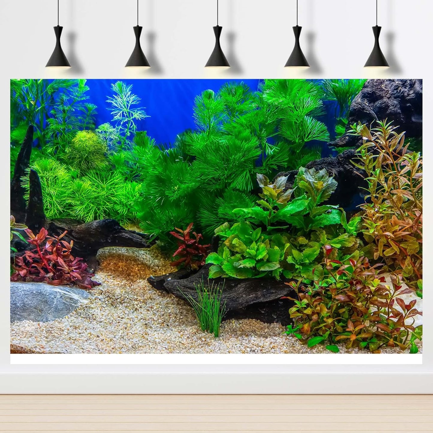 Aquarium Background Underwater Grass Leaves with Pebble Aquarium Backdrop Vivid and Fresh Green Aquatic Plant Stone River Bed and Lake Fish Deadwood Tank Background Decor Vinyl 24x12in