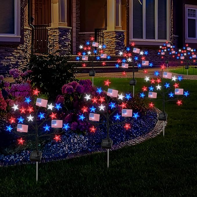 Upgraded 4th of July Decorations Solar Lights, 2 Packs 40LED Red White and Blue 4th of July Stake Lights, Outdoor Waterproof Memorial Day Decorations Patriotic Lights for Garden Yard Pathway Grave