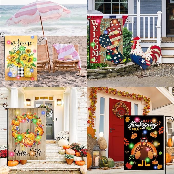Lighted Seasonal Garden Flags Set of 12 Double Sided 12 x 18 Inch LED Yard Flags, Small Flags for Outside, Fall Winter Halloween Christmas Outdoor Flags,Solar Holiday Garden Flags for All Seasons