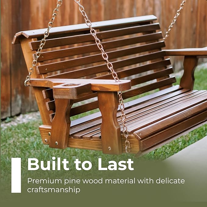 Amish Casual 5 Foot Roll Back Porch Swing with Cup Holders in Oak Stain - Amish Made in The USA from Treated Pine Heavy Duty 700 Lb. Weight Capacity