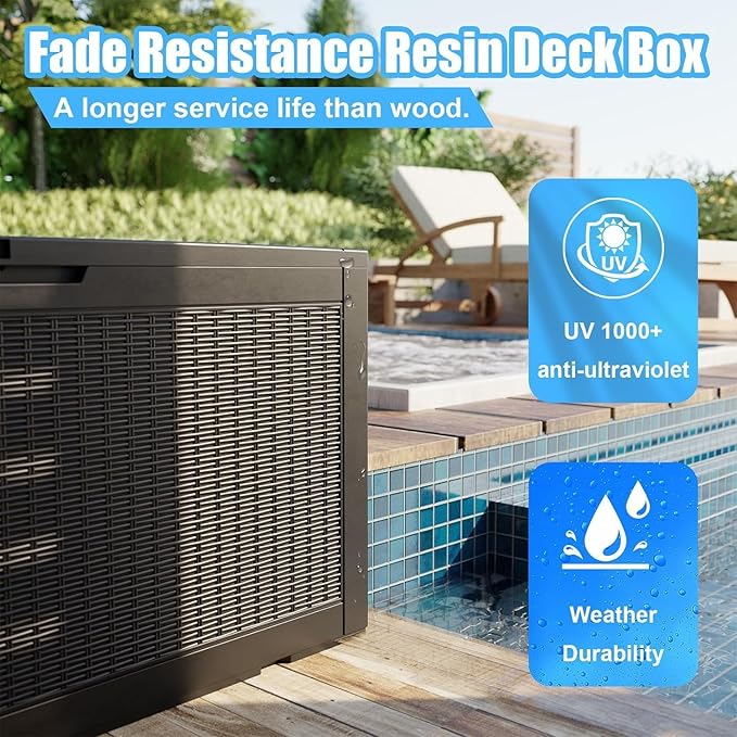 102 Gallon Outdoor Storage Box Waterproof, UV Resistant Resin Deck Box with Hydraulic Rod, Lockable Design and Enhanced Durability for Patio, Garden, and Poolside Use
