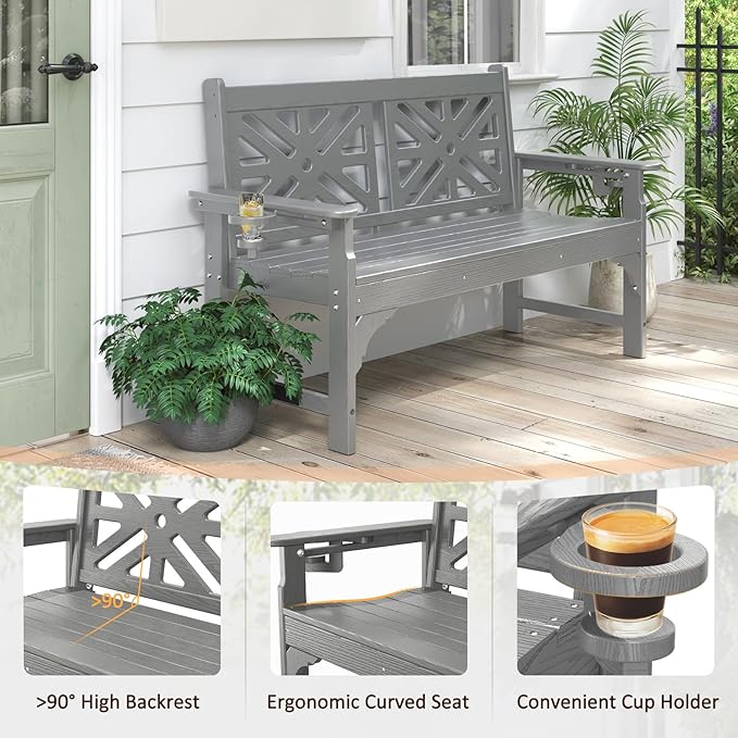 nalone Outdoor Bench with Cup Holders, HDPE All Weather Porch Bench Load up to 800 Lbs, 2-Person Garden Benches Rot-Proof Fade Proof for Patio, Porch, and Park (Grey)