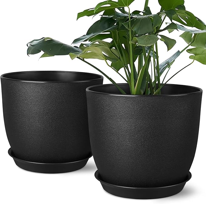 Plant Pots 8 Inch Set of 2, Flower Pots with Multi Mesh Drainage Holes, Planters for Indoor Outdoor Garden Plants and Flowers (Black)