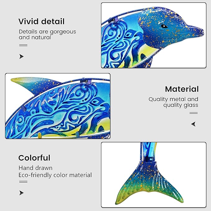 John's Studio Dolphin Wall Decor Outdoor Metal FIsh Sea Hanging Art Glass Sculptures Home Ocean Theme Decorations for Living Room, Bedroom, Yard, Fence and Patio - 17.5 Inches