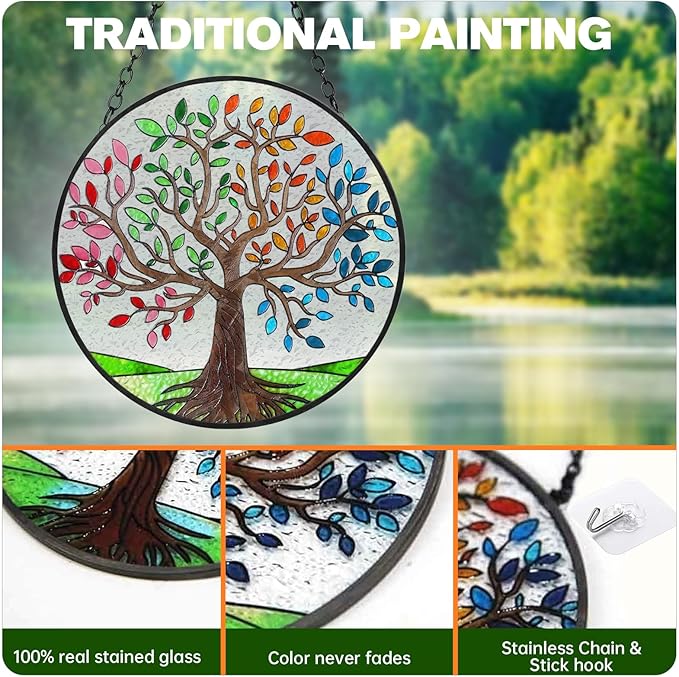 Tree of Life Suncatchers Stained Glass Window Hangings Ornaments, 6.3''* 6.3'' Hand-Painted Vibrant Color Family Tree Sun Catcher Memorial Gifts for Women,Christmas Decor Gifts