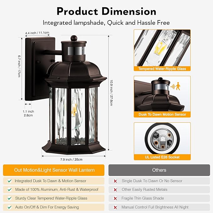 VIANIS Motion Sensor Outdoor Garage Lighting Fixture, Oil Rubbed Bronze Farmhouse Exterior Wall Mount Sconce for House, Waterproof Dusk to Dawn Front Porch ORB Outside Lantern for Patio