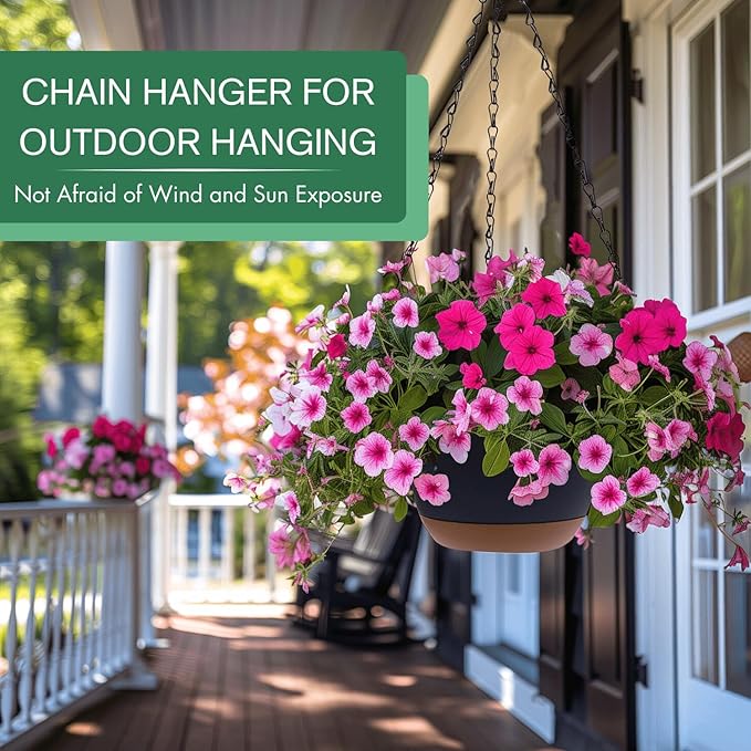 Set of 2-8 Inch Hanging Planters for Indoor Plants with Self-Watering Includes Hanging Pots for Plants, Outdoor Hanging Plant Pot with Drainage, and 2 Types of Hanging Baskets Hangers (Black)