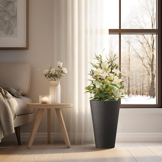 Kante Tall Round Planter Set of 2, 15 Inch Tall Decorative Planter Pots for Outdoor Indoor Garden Patio Front Porch (Black)