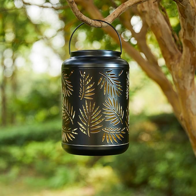 Glitzhome Solar Lantern Black Metal Cutout Leaf Outdoor Hanging Solar Light with Handle for Garden Patio Yard Outdoor Decor