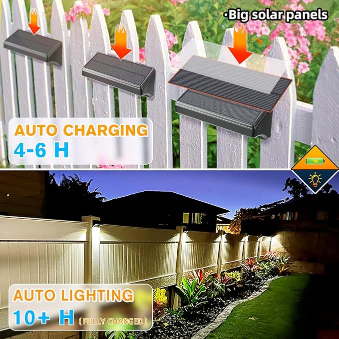 Aulanto Solar Fence Lights 8 Pack-Plus,100 Lumen Big Outdoor Solar Light IP65 Waterproof, Warm White and 10 RGB Modes,Fence Lights Otdoor Solar Lighting for Backyard,Garden,Fence,Wall,Deck,Stairs.