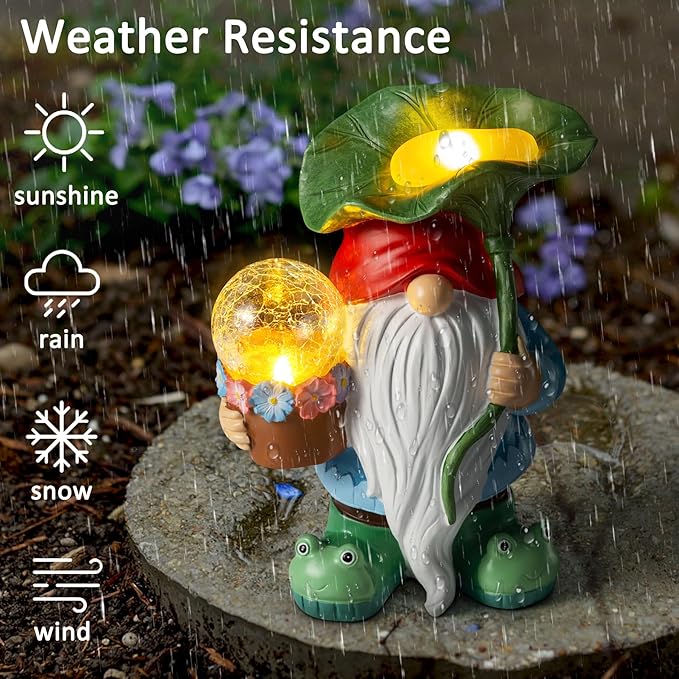 Garden Gnome Decor, Solar Gnomes Decorations Outdoor Gnome Statue Figurine with Solar LED Lights for Outside Lawn Patio Yard Gifts for Mom/Grandma/Birthday