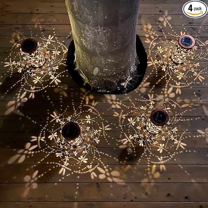 4 Pack Solar Lanterns Outdoor Hanging Lantern Lights, Dragonfly Hollowed-Out Metal Decor Lantern, Waterproof LED Decorative Garden Light - Delicate Garden Decoration for Patio, Yard