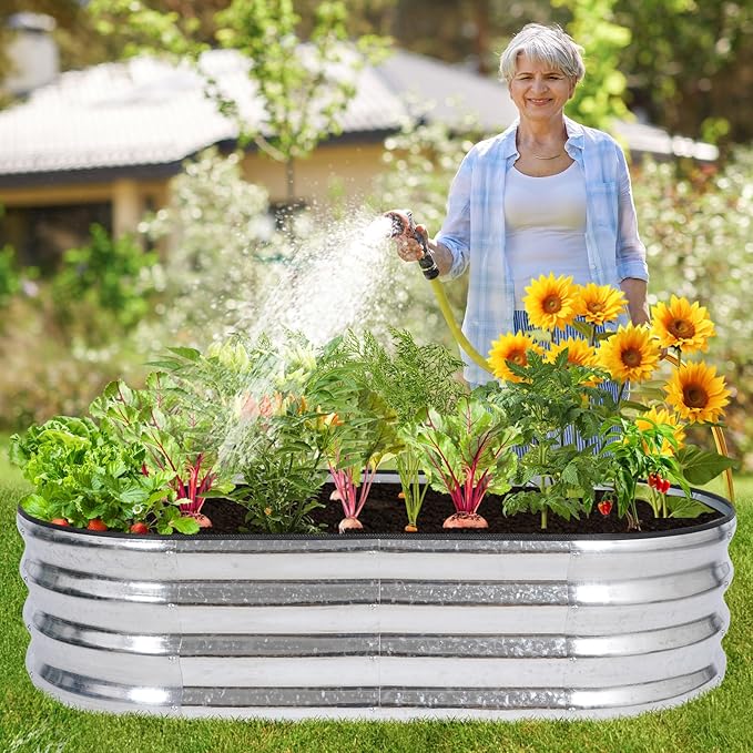 Galvanized Raised Garden Bed - 4×2×1ft (2 Packs) Planter Raised Beds for Gardening | Oval Metal Garden Planter Box with Safety Edging and Gloves for Vegetables Fruits and Flower - Silver