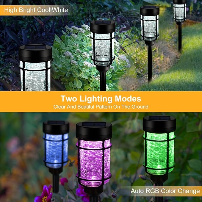 Solar Pathway Lights 6 Pack, Color Changing+Cool White LED Solar Lights Outdoor, Waterproof Solar Crackle Glass Stake Lights for Garden Path Walkway Backyard Lawn Landscape Decoration