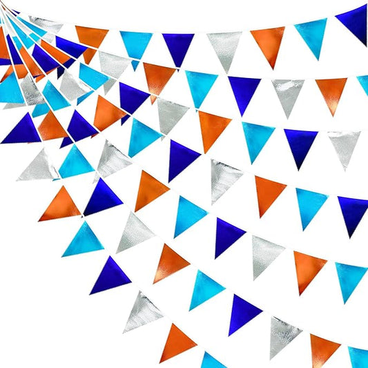 Orange Blue Silver Party Decorations Metallic Fabric Triangle Pennant Banner Flag Bunting Garland for Space Theme Birthday Wedding Bridal Shower Baby Shower Engagement Graduation Party Supplies