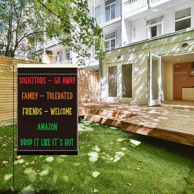 Funny Welcome Sarcastic Garden Flag Outdoor Decorations Go Away Family Tolerated Friends Small Double Sided Burlap art Stained Glass Style Garden Flags 12 x 18 Inch for Outside