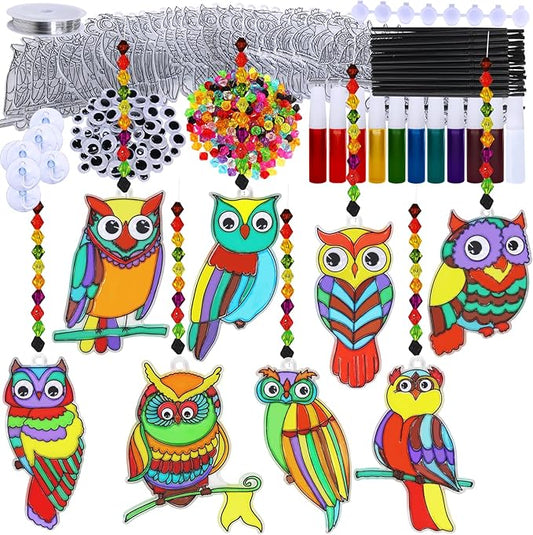 Winlyn 24 Sets Owl Suncatchers Ornaments Decorations DIY Window Paint Art Suncatchers Owl Craft Kits Sun Catchers for Kids Home Classroom Winter Holiday Season Fall Christmas Activities Party Favors