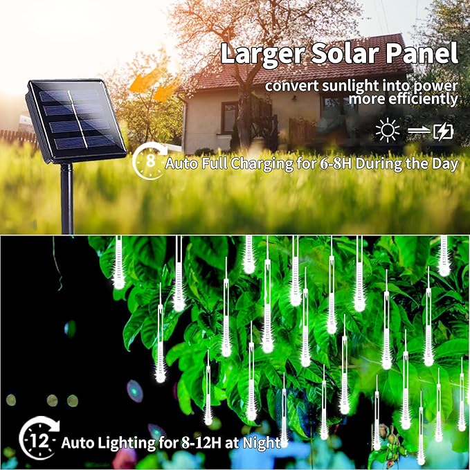 Solar Meteor Shower Lights,Solar Christmas Lights Outdoor Waterproof,16 Tubes 384 LEDs (Equivalent to 2 Sets of 8-Tube) Icicle String Light,LED Rain Drop Light for Tree Garden Decoration (Cool White)