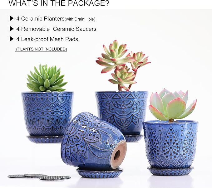 Gepege Succulent Pots, 4 Inch Small Indoor Ceramic Planter Pot with Drainage Holes and Saucers for Plants- Blue - Set of 4
