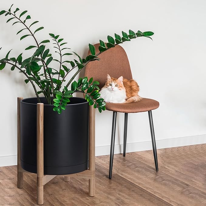 D'vine Dev Planter Pot with Stand - 16 Inch Plastic Cylinder Flower Pot with Wood Planter Holder for Indoor, Matte Black Pot + Natural Stand, 55-C-Y-2