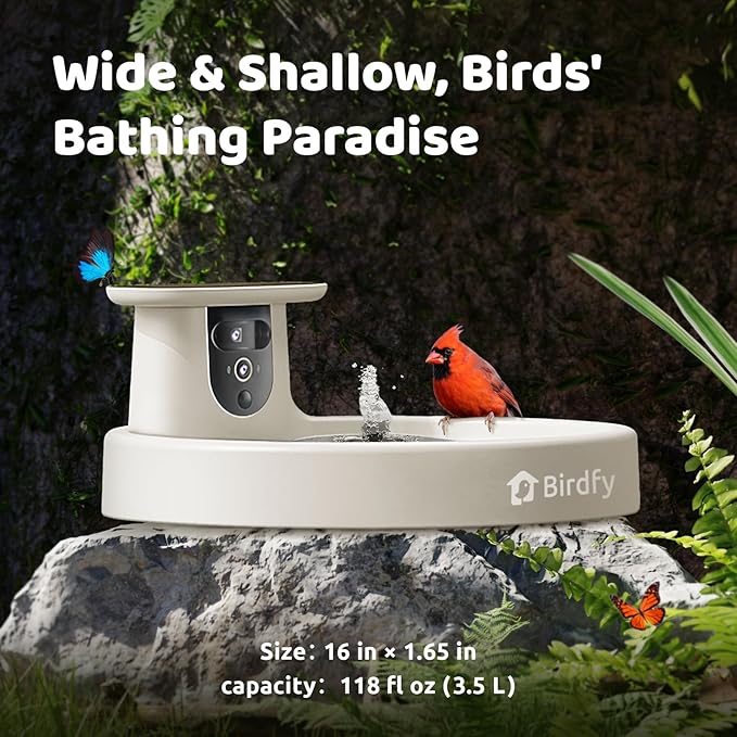 Birdfy Smart Bird Bath with Camera Solar Powered & Fountain, Dual-Lens Camera for Wildbird Watching, Auto Capture Bird Videos & Motion Detection - AI Lifetime Version (Yellowstone)