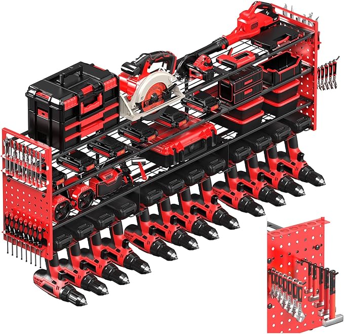 Power Tool Organizer Wall Mount with 12 Drills Holder, 49" Heavy Duty 4-Tier Power Tool Storage Rack, DIY Pegboard Side Panels,4 Long Hooks, Garage Metal Tool Shelf for Battery,Drills