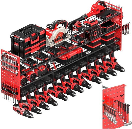 Power Tool Organizer Wall Mount with 12 Drills Holder, 49" Heavy Duty 4-Tier Power Tool Storage Rack, DIY Pegboard Side Panels,4 Long Hooks, Garage Metal Tool Shelf for Battery,Drills