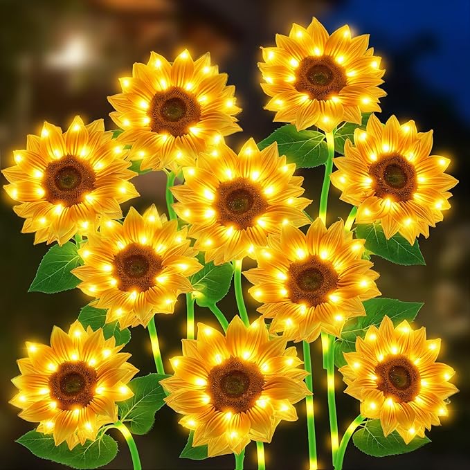 Solar Flowers Outdoor Waterproof Decorative - 3 Pack Solar Garden Lights with 9 Sunflower Lights, Outdoor Solar Lights Garden Decor, Outdoor Solar Lights for Yard Decorations Outdoor