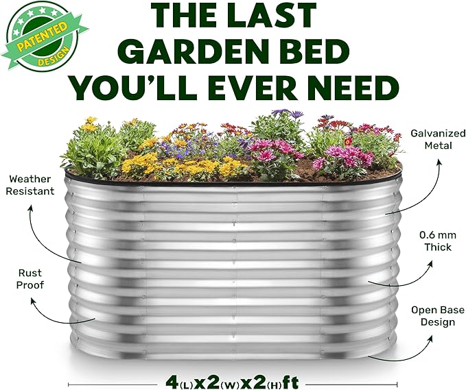 Galvanized Raised Garden Beds Outdoor // 4×2×2 ft Planter Raised Beds for Gardening, Vegetables, Flowers // Large Metal Garden Box (Silver) // Patented Tool-Free Design