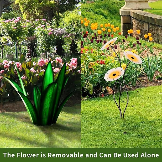 Upgraded Large Metal Yard Art, Agave Plant Yard Decorations Outdoor Sculpture, Flowers for Outside, Waterproof Outdoor Garden Decor (Purple + Blue Flower)