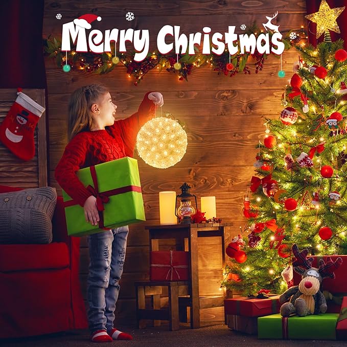 Brightown 6" Christmas Lighted Sphere Balls, 100 LED Warm White Starlight Ball - Plug-in Waterproof Outdoor & Indoor Christmas Holiday Decoration