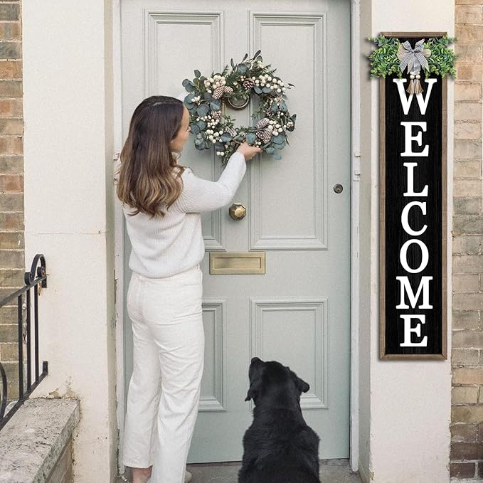 Surfapans Welcome Sign for Front porch Standing 45"X9"Large Wood Frame Outdoor Tall Welcome Signs Vertical Decor for Farmhouse Rustic Home Modern Outside Front Door Wall Decorations (Wood Black)
