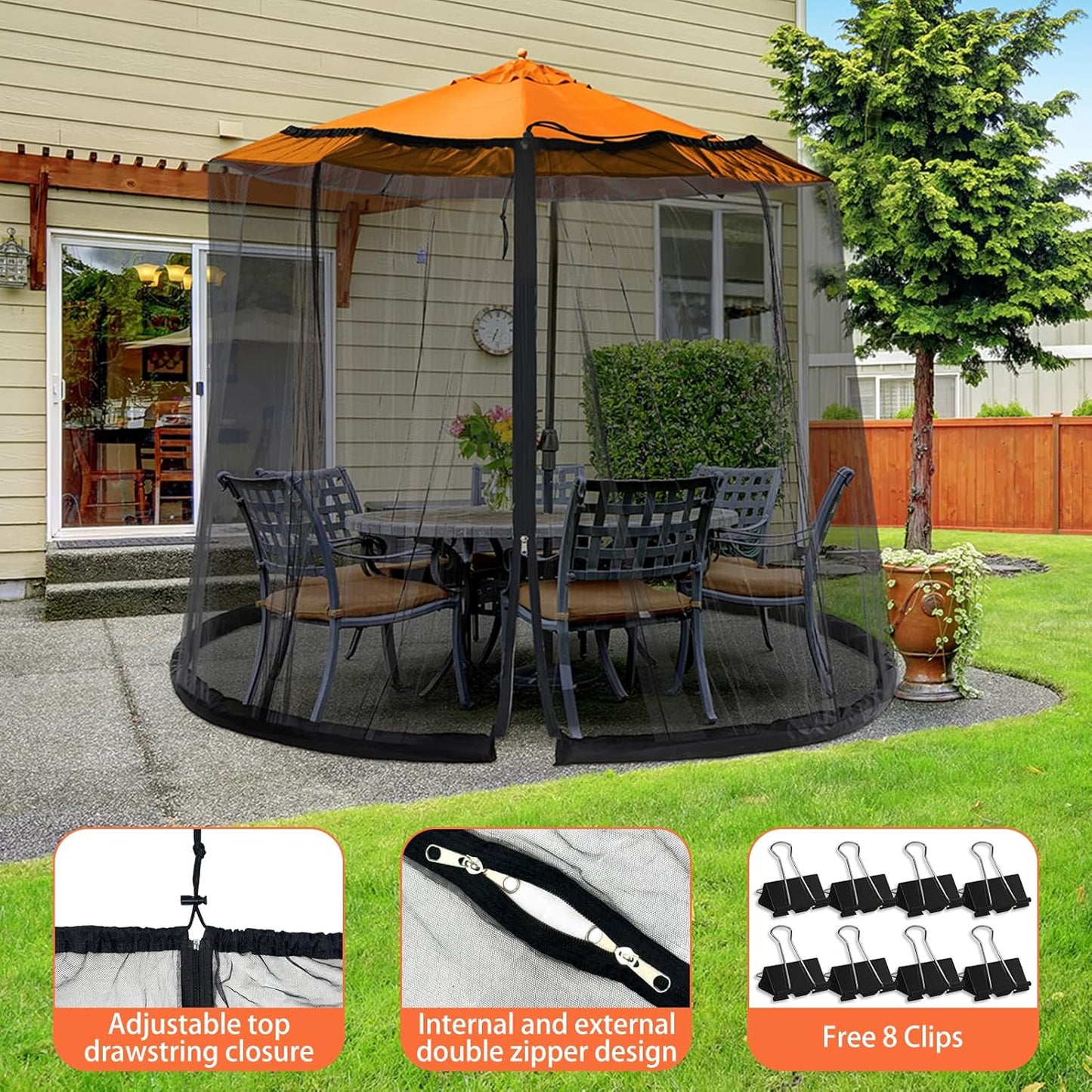 7.5-10FT Mosquito Netting for Patio - Mosquito Net for Patio Garden and Outdoor Umbrellas with Zipper and Adjustable, Umbrella Netting for Outdoor Umbrellas
