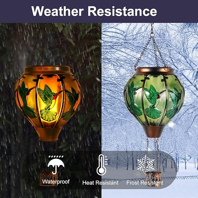pearlstar Hot Air Balloon Solar Lantern with Flickering Flame Light Outdoor Solar Hanging Lights Waterproof for Garden Yard Farmhouse Patio Pathway Outside Decoration,Glass(Hummingbird)